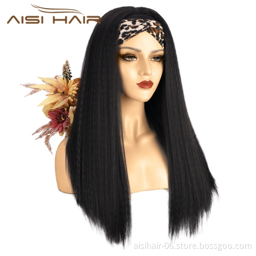 2021 Best Quality Wholesale Long Yaki Glueless Synthetic Wigs Grip Adjustable Headband Attached For Women Brazillian None Lace